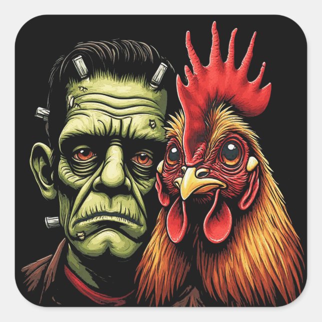 "Frankenstein & Earl" Chessy Chicken Selfies Quadratischer Aufkleber (Vorderseite)