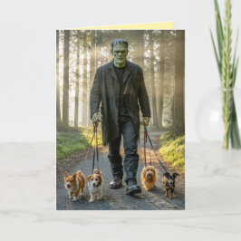 Frankenstein führt den Hund Grüßkarte Feiertagskarte