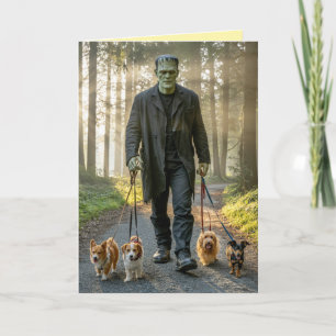 Frankenstein führt den Hund Grüßkarte Feiertagskarte