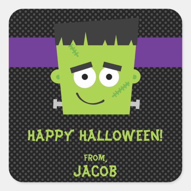 Frankenstein Halloween Sticker, Kids Halloween Quadratischer Aufkleber (Vorderseite)