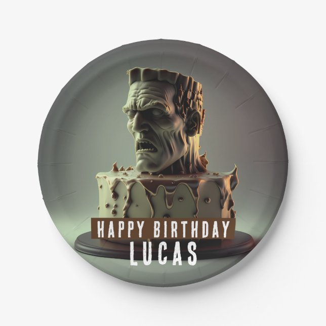 Frankenstein Head Birthday Chocolate Cake Pappteller (Vorderseite)