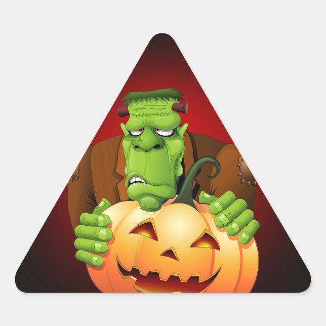 Frankenstein Monster Cartoon mit Pumpkin Dreieckiger Aufkleber (Vorderseite)