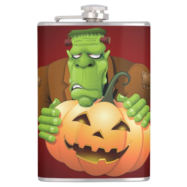 Frankenstein Monster Cartoon mit Pumpkin Flachmann (Vorderseite)