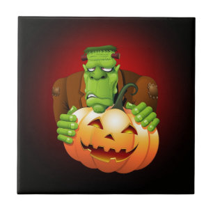 Frankenstein Monster Cartoon mit Pumpkin Fliese