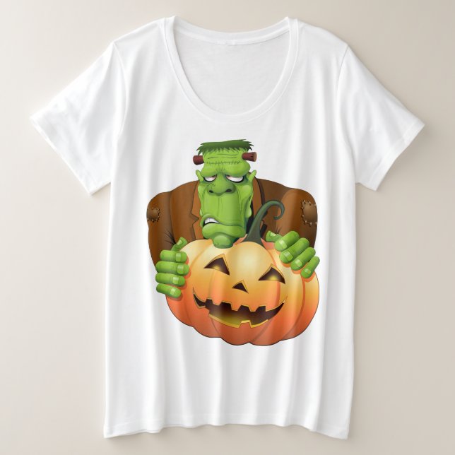 Frankenstein Monster Cartoon mit Pumpkin Große Größe T-Shirt (Design vorne)