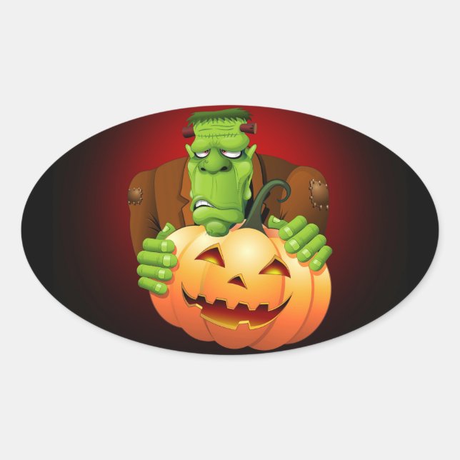 Frankenstein Monster Cartoon mit Pumpkin Ovaler Aufkleber (Vorderseite)