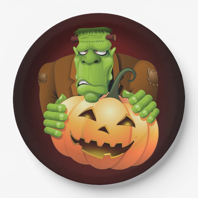 Frankenstein Monster Cartoon mit Pumpkin Pappteller (Vorderseite)