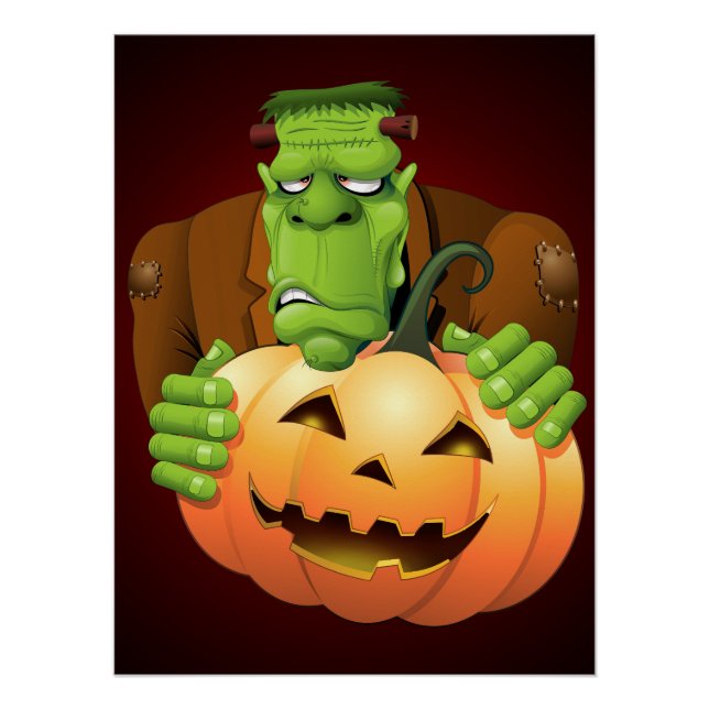 Frankenstein Monster Cartoon mit Pumpkin Poster (Vorderseite)