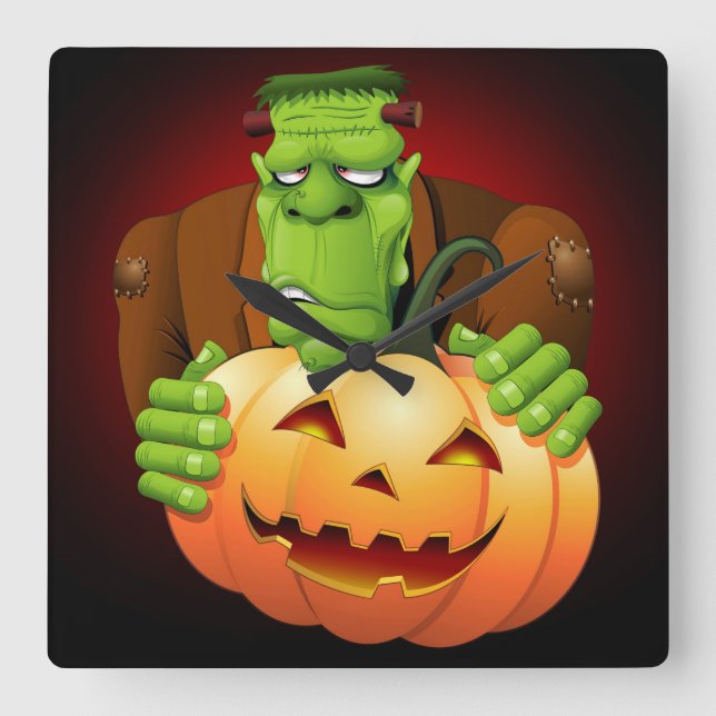 Frankenstein Monster Cartoon mit Pumpkin Quadratische Wanduhr (Vorderseite)