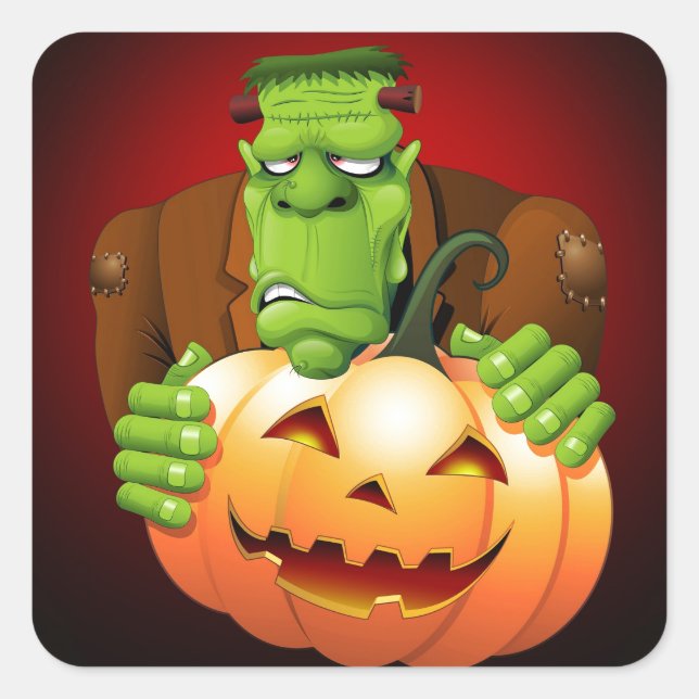 Frankenstein Monster Cartoon mit Pumpkin Quadratischer Aufkleber (Vorderseite)