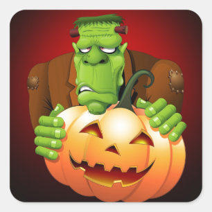 Frankenstein Monster Cartoon mit Pumpkin Quadratischer Aufkleber