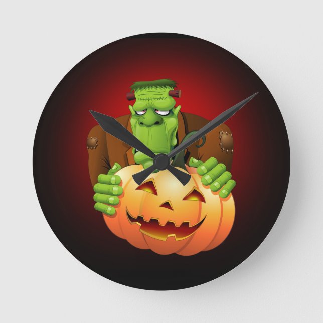 Frankenstein Monster Cartoon mit Pumpkin Runde Wanduhr (Vorderseite)