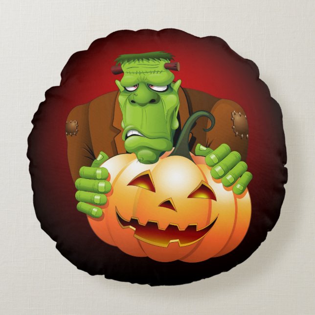 Frankenstein Monster Cartoon mit Pumpkin Rundes Kissen (Vorderseite)