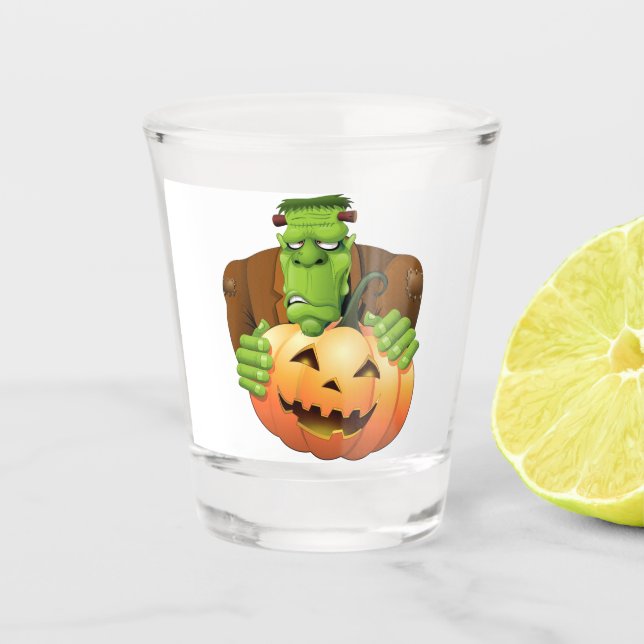 Frankenstein Monster Cartoon mit Pumpkin Schnapsglas (Vorderseite)