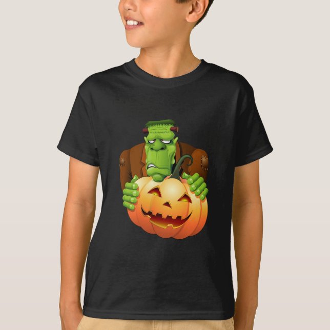 Frankenstein Monster Cartoon mit Pumpkin T-Shirt (Vorderseite)