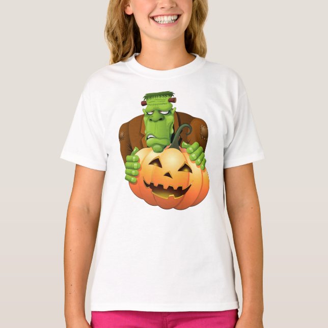 Frankenstein Monster Cartoon mit Pumpkin T-Shirt (Vorderseite)