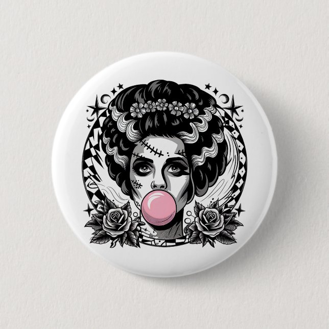 Frankenstein-Monster und Braut Bubble Gum Lustig Button (Vorderseite)