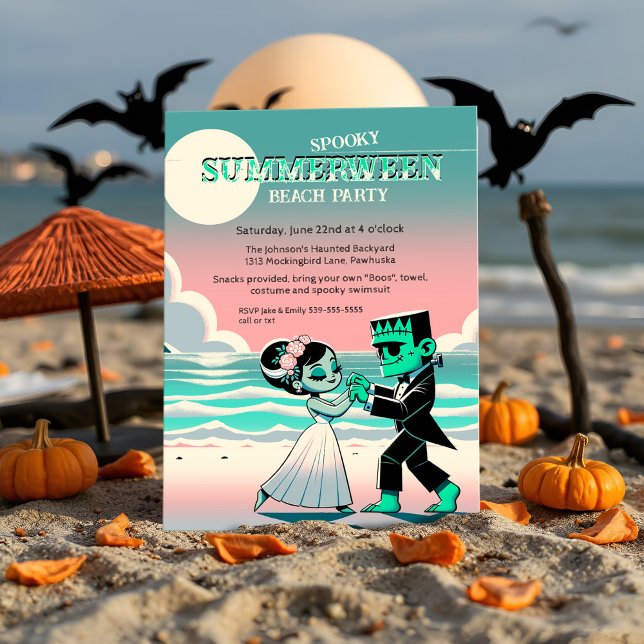 Frankenstein Summerween Beach Party Retro Dancing Einladung (Spooky Summerween beach monster Summer dance party Frankenstein in pastel retro cartoon style.)