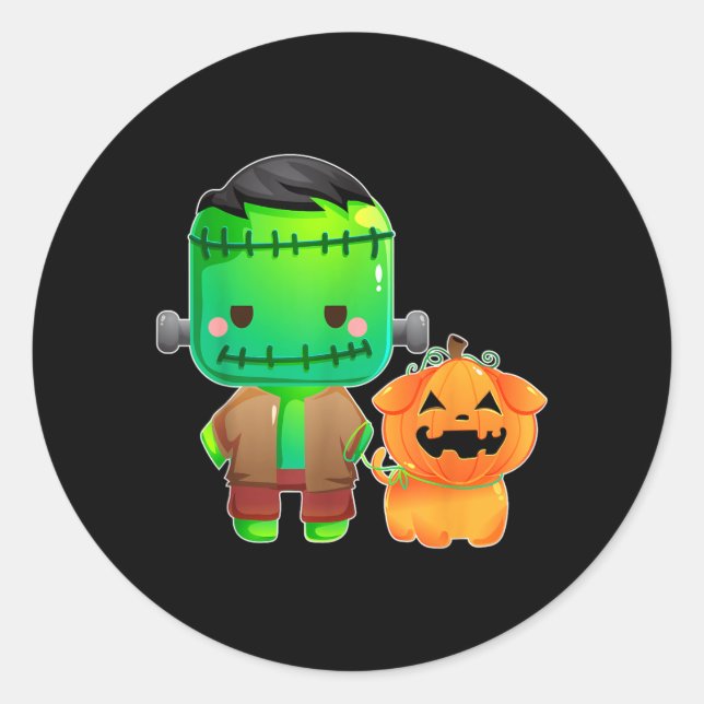 Frankenstein und Pumpkin Dog Halloween Runder Aufkleber (Vorderseite)