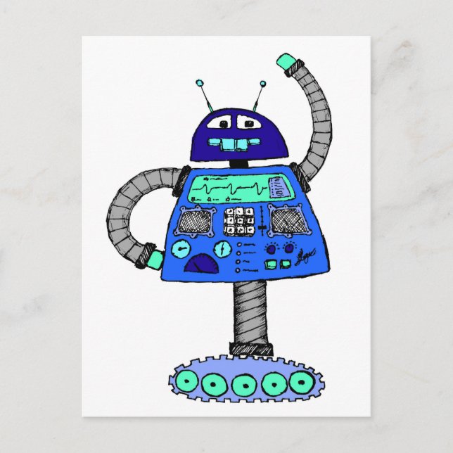 Frankie Robot: Blau auf Weiß Postkarte (Vorderseite)
