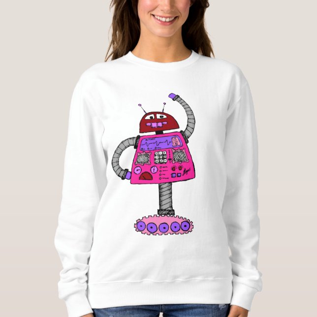 Frankie Robot: Rosa auf Weiß Sweatshirt (Vorderseite)