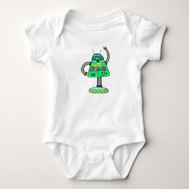 Frankie Roboter, grün auf weiß Baby Strampler (Vorderseite)