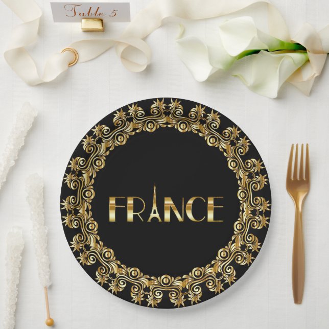 Frankreich, Eiffelturm, elegantes Gold-Design, Pappteller (Hochzeit)