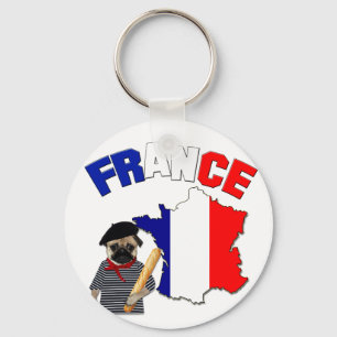 Frankreich - Mops mit Stangenbrot - Schlüsselanhänger