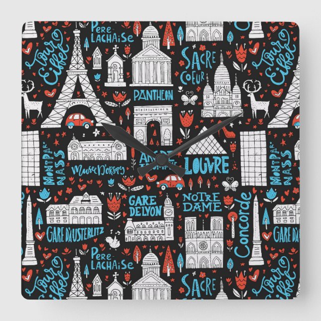 Frankreich | Muster der Symbole Quadratische Wanduhr (Vorderseite)