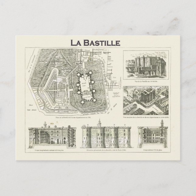 Frankreich, Plan und Bilder der Bastille Postkarte (Vorderseite)