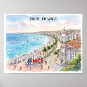 Frankreich Promenade des Anglais Aquarell-Kunst Poster