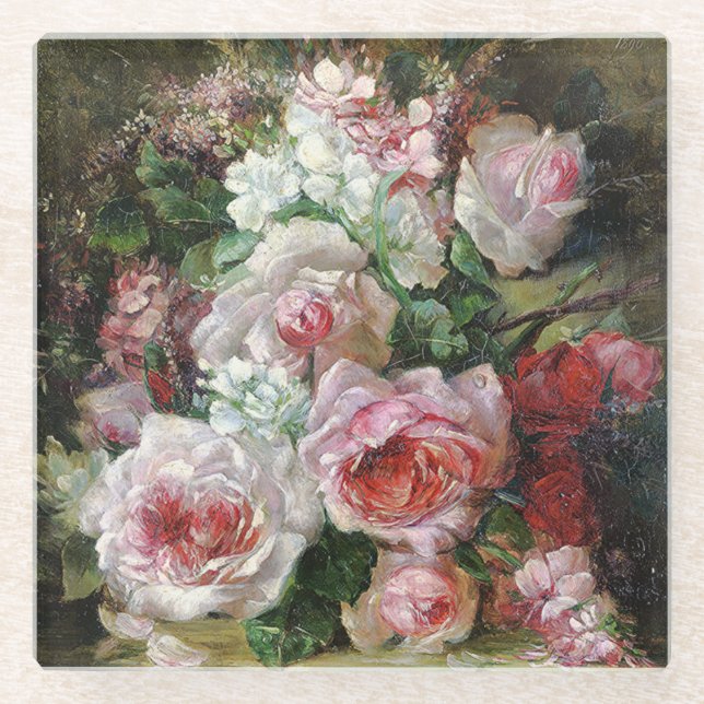 Frans Verhas Vintag Bouquet von Rose Glasuntersetzer (Vorderseite)