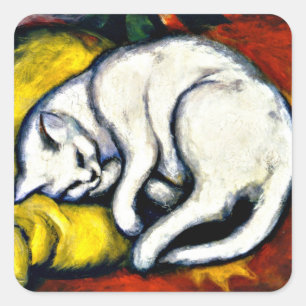 Franz Marc - Die weiße Katze, schöne Kunstmalerei Quadratischer Aufkleber