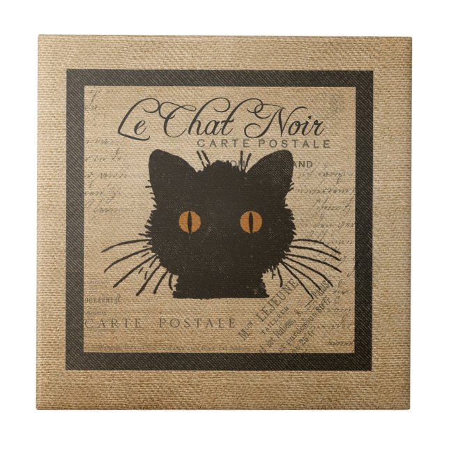 Franzosen Burlap Le Chat Noir die schwarze Katze Fliese (Vorderseite)