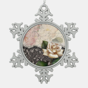Franzosen scripts viktorianische weiße Rose der Schneeflocken Zinn-Ornament