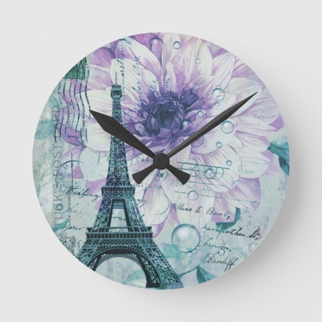 Franzoseparis Eiffel des hübschen girly Chic lila Runde Wanduhr (Vorderseite)
