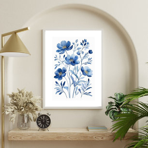 Französisch Blau Aquarell Blumen Botanik Poster