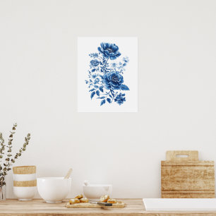 Französisch Blau Aquarell Toile Chinoiserie Floral Poster