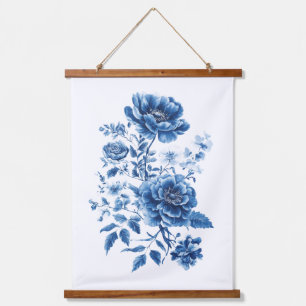 Französisch Blau Aquarell Toile Chinoiserie Floral Wandteppich Mit Holzrahmen