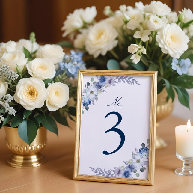 Französisch Blau & Lavendel Wasserfarbe Weiß Tischnummer (French Blue & Lavender Watercolor Floral White Table Number)
