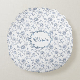 Französisch Blau Toile Chinoiserie Blumen Mädchen  Rundes Kissen