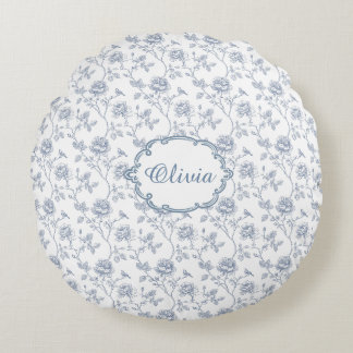 Französisch Blau Toile Chinoiserie Blumen Mädchen Rundes Kissen