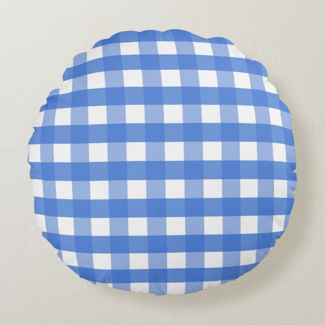 Französisch Blau und Weiß Gingham Rundes Kissen (Vorderseite)