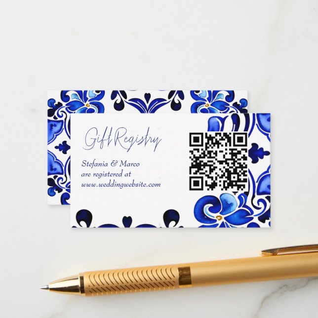 Französisch Blaue Mittelmeer-Fliesen - Geschenkkar Begleitkarte (Vorderseite/Rückseite Beispiel)