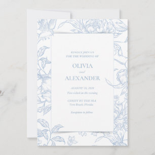 Französisch Blaues Blumen-Vogel-Botanisches Hochze Einladung