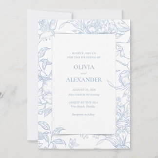 Französisch Blaues Blumen-Vogel-Botanisches Hochze Einladung