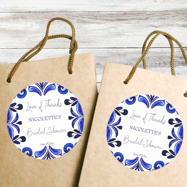 Französisch-blaues Mittelmeer-Brautparty Runder Aufkleber (French Blue Mediterranean tile bridal shower thank you favor Stickers Mexican Spanish folk art)