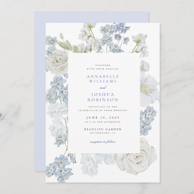 Französisch Blue Florals Hochzeitseinladung Einladung (Vorne/Hinten)