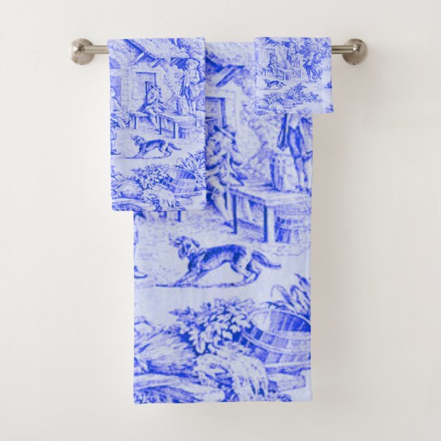 Französisch Blue White Toile Chinoiserie Rustikale Badhandtuch Set (Insitu)