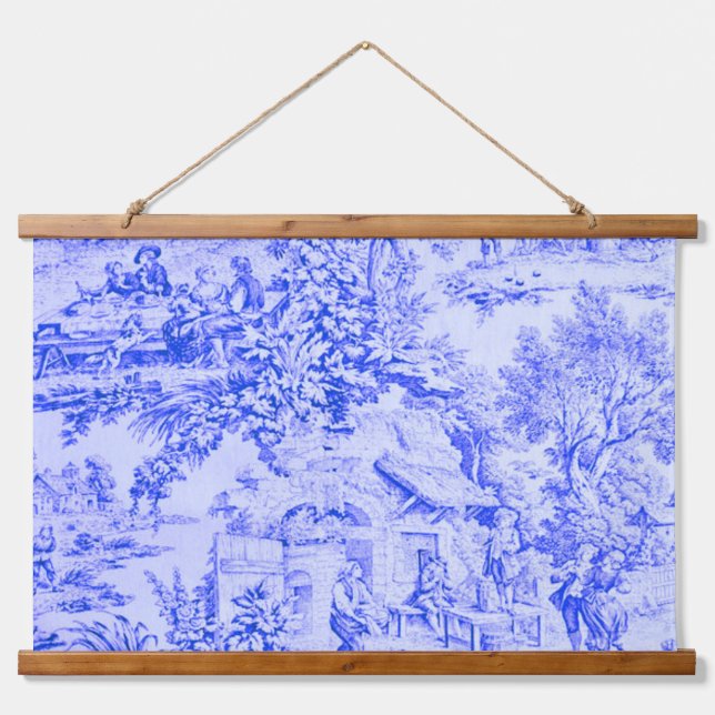 Französisch Blue White Toile Chinoiserie Rustikale Wandteppich Mit Holzrahmen (Vorne)